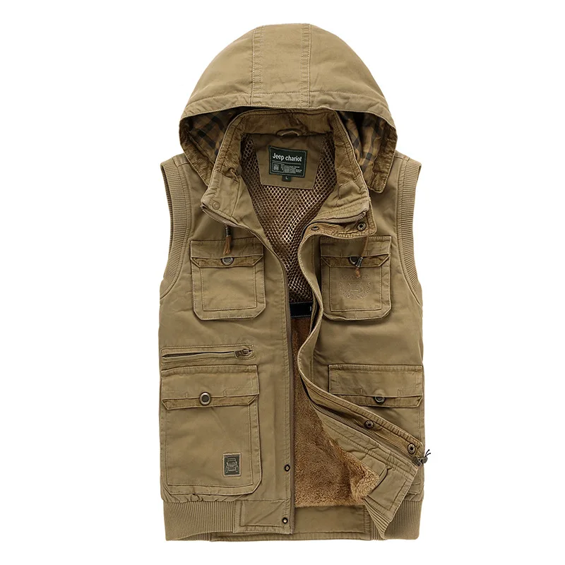 Military Style Hooded Casual Men's Vests Multi pockets Khaki mens