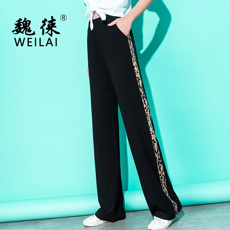 

2019 Spring Women Knitted Leopard Wide Leg Pants Black Casual Loose Pants Plaid High Waist Palazzo Pants Plus Size 5XL Trousers