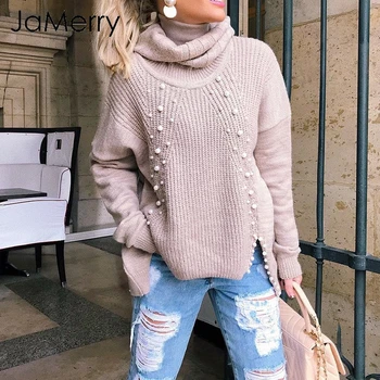 

JaMerry Beading pearl turtleneck loose knitted pullover women Casual fashion winter sweater women Autumn long sleeve jumper fema