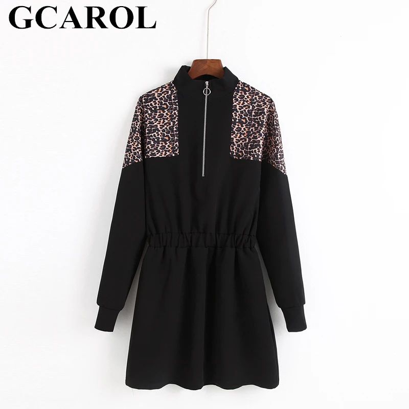 

GCAROL 2019 Early Spring Leopard Patchwork Women Dress Stand Collar Zip Up Elastic Waist Black Perfect Bascis Streetwear Dress