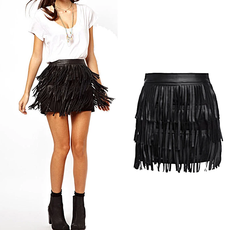 Skirts Womens New Design High Waist Synthetic PU Leather Fringe Tassel