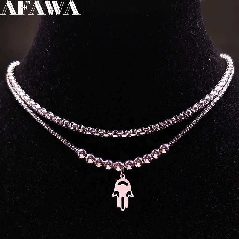 

2019 Hamsa Hand Double Stainless Steel Necklaces for Women Jewlery Silver Color Charms Necklaces Jewelry colares feminino N18045
