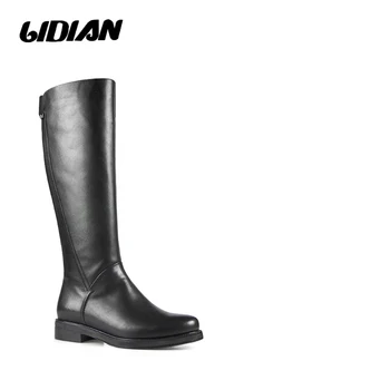

LIDIAN High Quality Full Grain Leather Knee High Boots Med Heels Shoes Round Toe Heel 3.0cm Warm Winter boots Short Plush H13