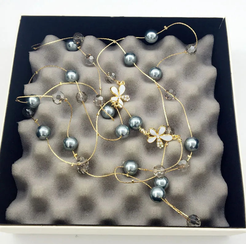

New Fashion Women ABS Pearl Crystal Long Necklace Sweater Flower Neacklace Collier Perle Longue Clothes Accessories Jewelry