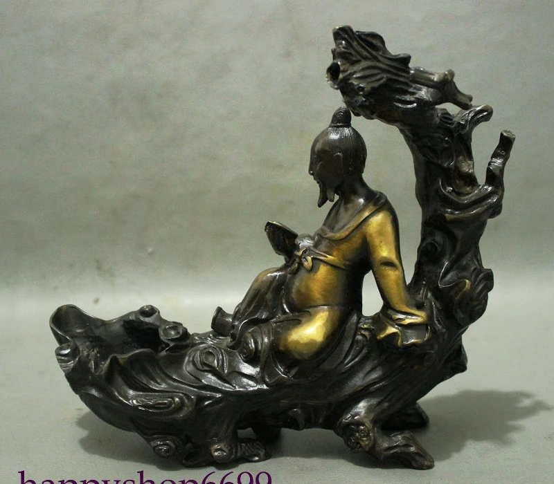 

China Bronze Gilt Old Man Chuang-Tzu Zhuang Zi Reading Book Under Tree Statue