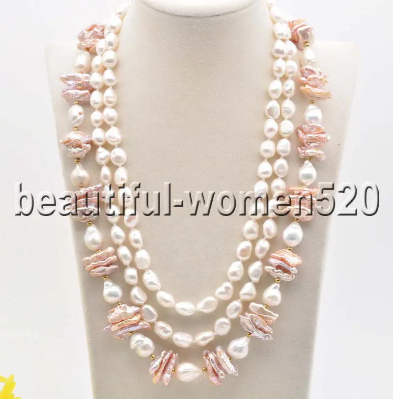 

Z8422 3Strands Lavender Biwa White Edison Baroque Keshi PEARL NECKLACE 20inch