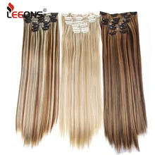 Leeons 6H/613 # Grampo Em Extensões Do Cabelo em 6 Pçs/set 16 55 Centímetros Clips Cabeça Cheia Da Extensão do Cabelo Em Linha Reta Apliques de Fibra Sintética