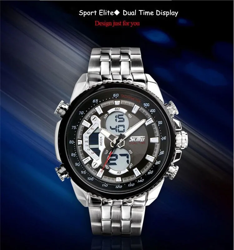 SKMEI для мужчин Спорт цифровой моды повседневное часы пятно сталь Серебро наручные светодио дный LED водостойкий кварцевые часы Relogio Masculino