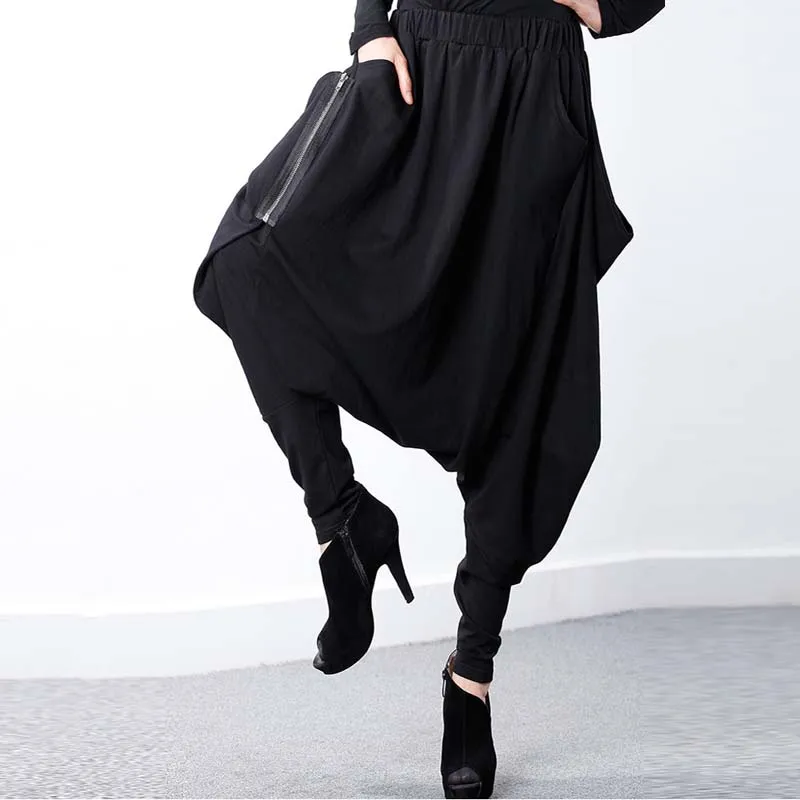 ZANZEA женские черные мешковатые брюки с эластичным поясом и низким шаговым швом с карманами, Длинные панталоны в готическом стиле, штаны-шаровары в стиле хип-хоп размера плюс