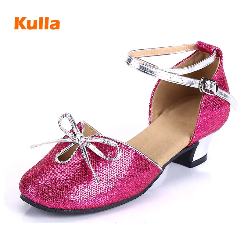 

Rose/Blue Bowtie Kids Tango Salsa Dance Shoes Soft Sole Summer Girls Child Latin Ballroom Dance Shoes Heel 4cm Women Latin Shoes