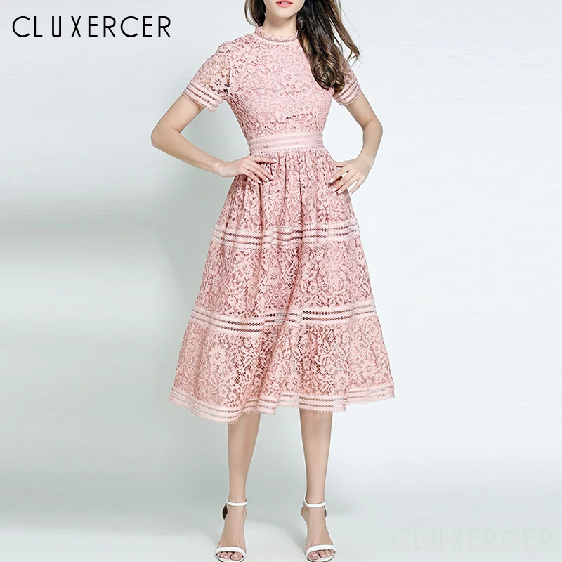 

Sweet Pink Summer Dress 2019 New High Quality Hollow Out Lace Dress Elegant Evening Party Dresses Female Vestidos