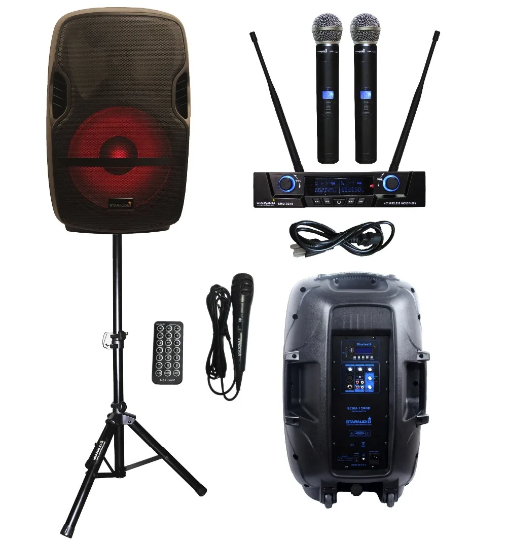 

STARAUDIO SCSM-15RGB Portable 15''2000W PA DJ Stage Karaoke Powered Active Bluetooth Speaker W/LED Light Stand 2CH Mic System