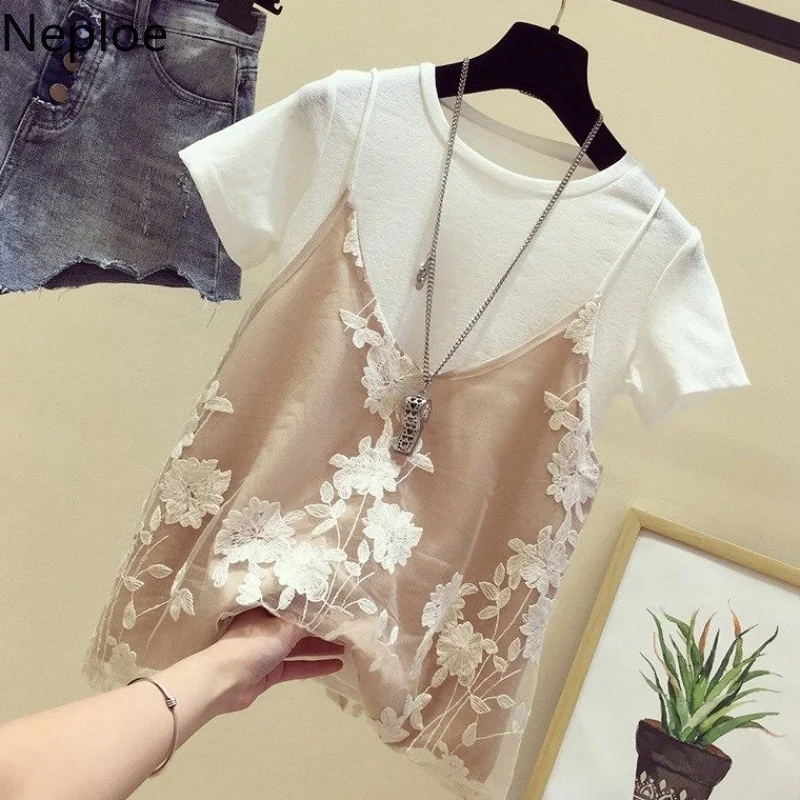 

Neploe 2019 Summer 2 Pieces T Shirt Women Plus Size Loose Korean Clothes Solid TShirt Lace Floral Camis Ladies Tops Shirts 39146
