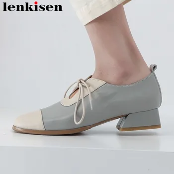 

2019 cow leather streetwear mixed colors chunky heels lace up vintage square toe campus clubwear simple style gorgeous pumps L98