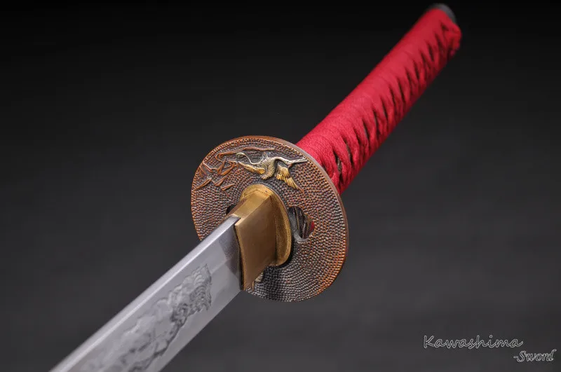 Full Tang Katana Damasucs Folded Steel Clay Temper Blade Engraved Pattern Sharp Ready for Battle