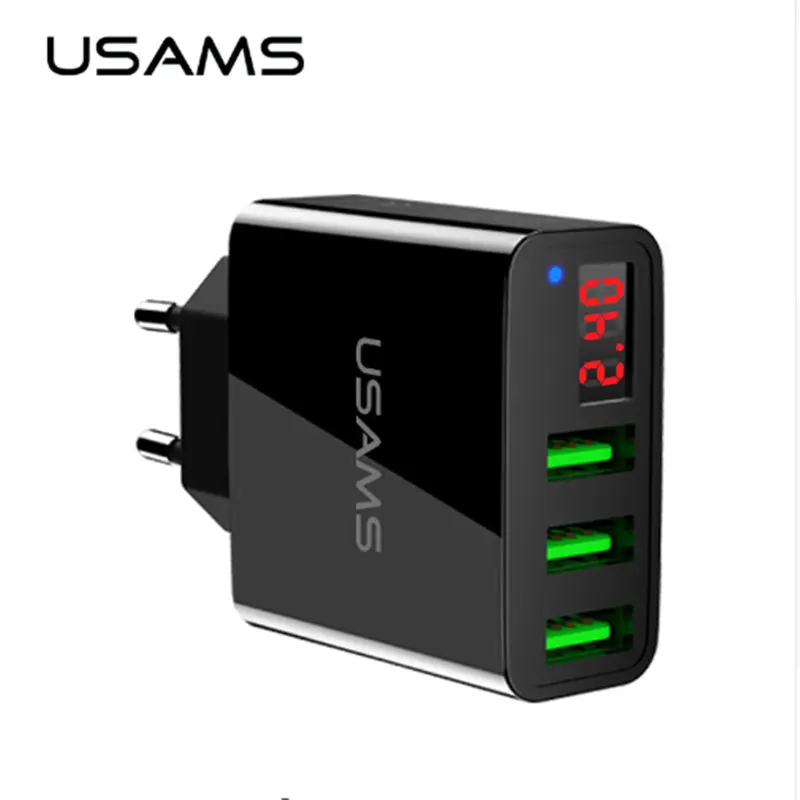 

USAMS 3 Port USB Phone Charger LED Display EU/US Plug The Max 2.4A Smart Fast Charging Mobile Wall Charger for iPhone iPad