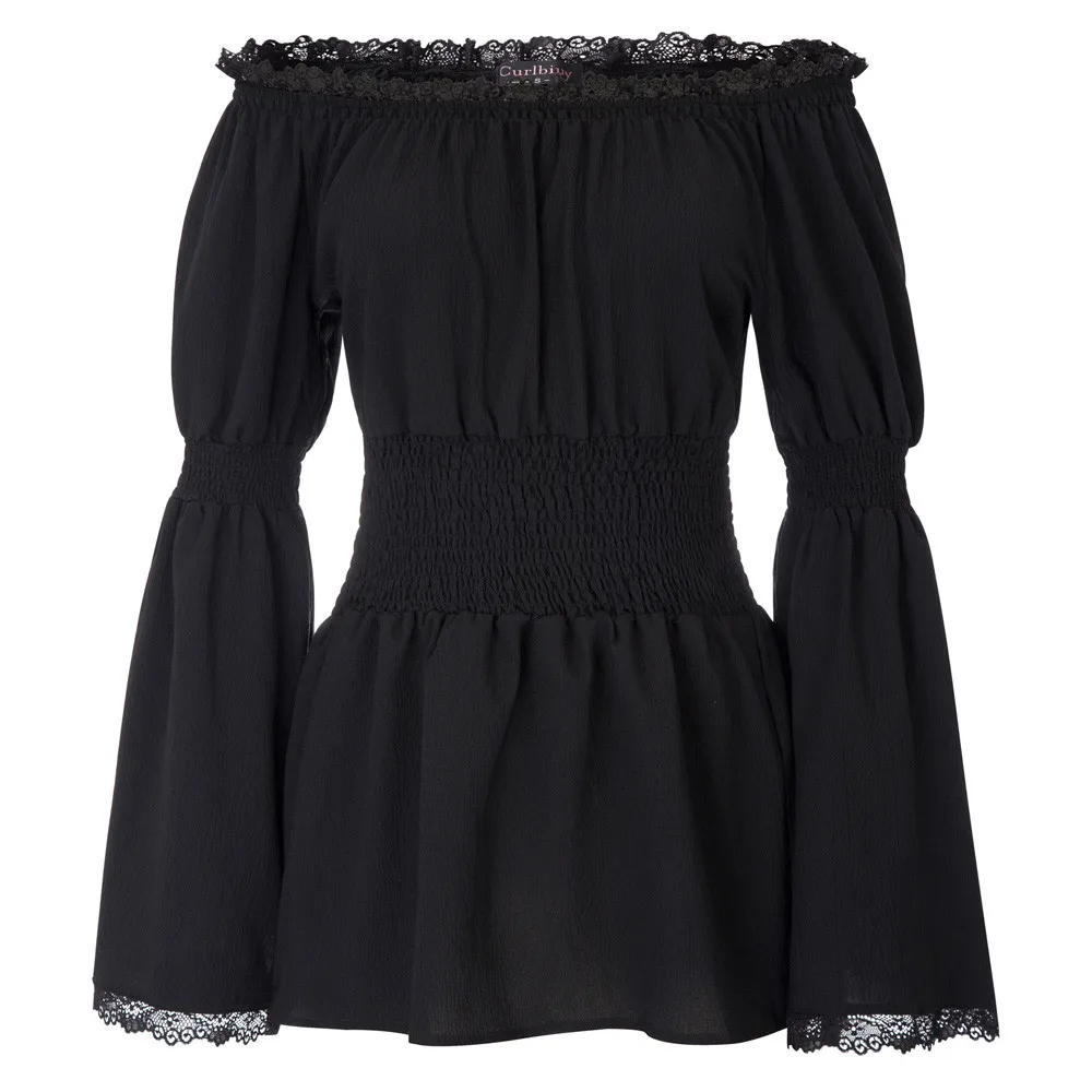 

solid gothic steampunk shirt Women tops fall spring Casual Long flare Sleeve Off Shoulder Smocked Waist sexy Top roupas feminina