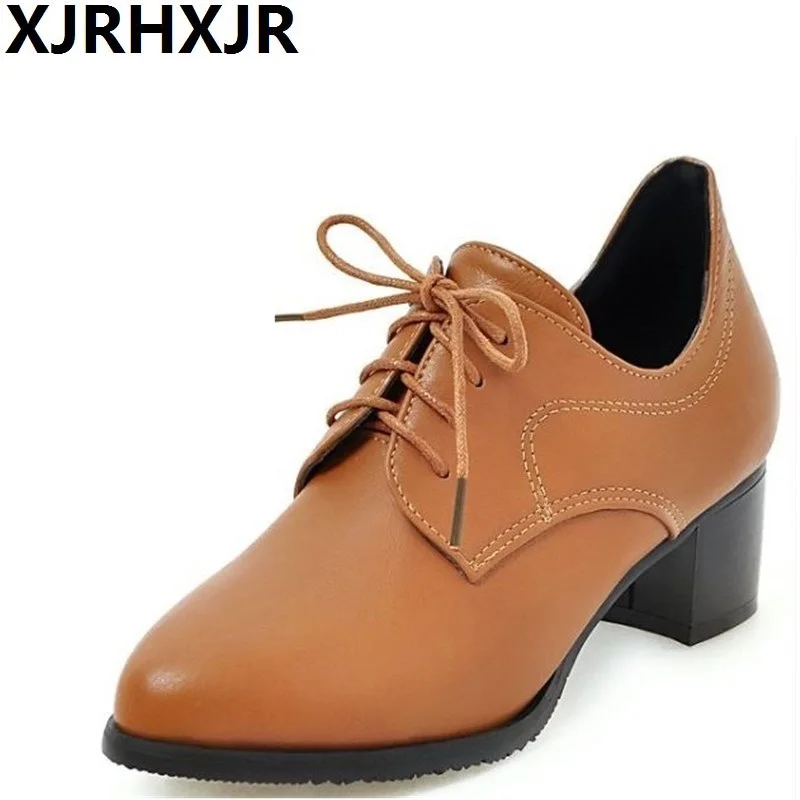 

Spring Autumn Shoes Women Fashion Lace Up Ponited Toe Single Shoes British Style Square Heel Leather Shoes