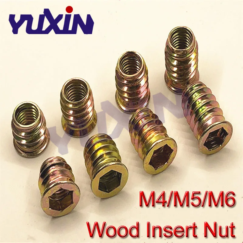 

100pcs M4 M5 M6 Zinc Alloy Thread For Wood Insert Nut Hex Drive Head Furniture Nuts length 8mm to 25mm