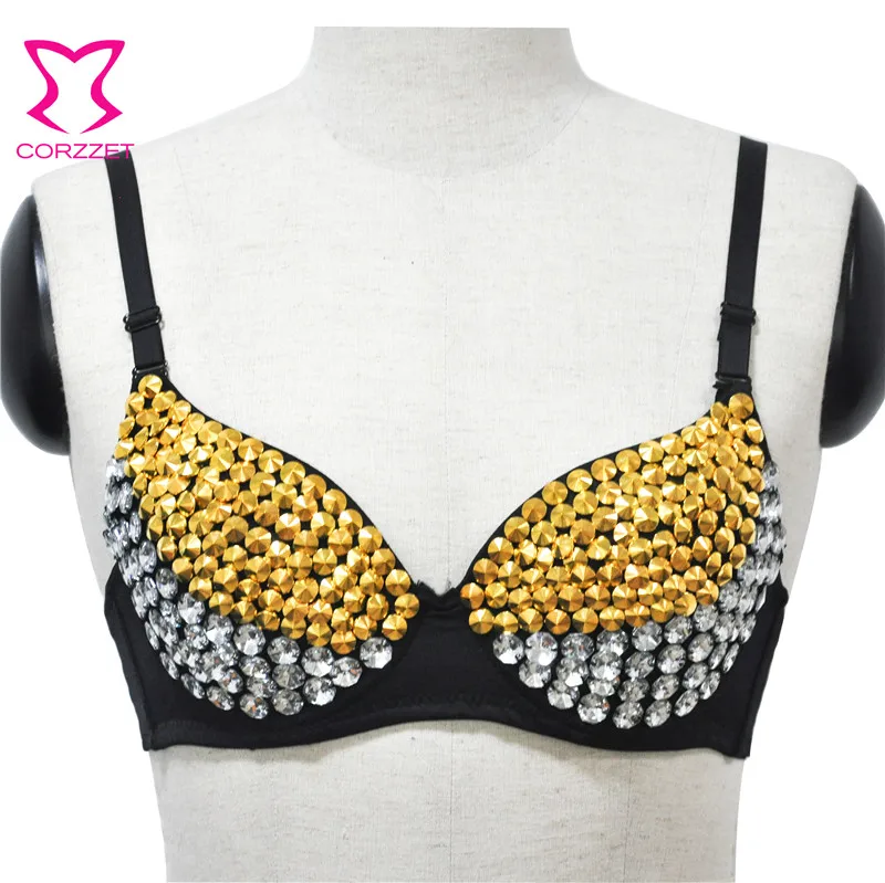 Gold Rivets & White Crystal Diamonds Women Bra Sexy Bralette Push Up Brassiere Punk Rock Gothic