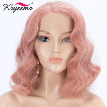 

Kryssma Pink Wigs For Women Short Bob Wave Synthetic Lace Front Wig Peach Pink Cosplay Wigs High Temperature Fiber Hair