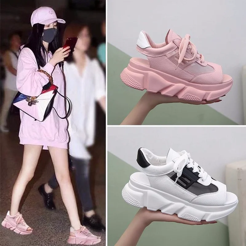 

CPI Women's Sandals 2019 Summer Muffin Thick Bottom Fish Mouth sneakers Sandals With Breathable Mesh Real Leather Casual AZ-46