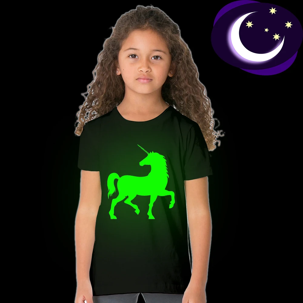 Светящаяся модная крутая Детская летняя футболка с единорогом для мальчиков и девочек светящаяся в темноте футболка для подростков повседневные флуоресцентные футболки 49D2