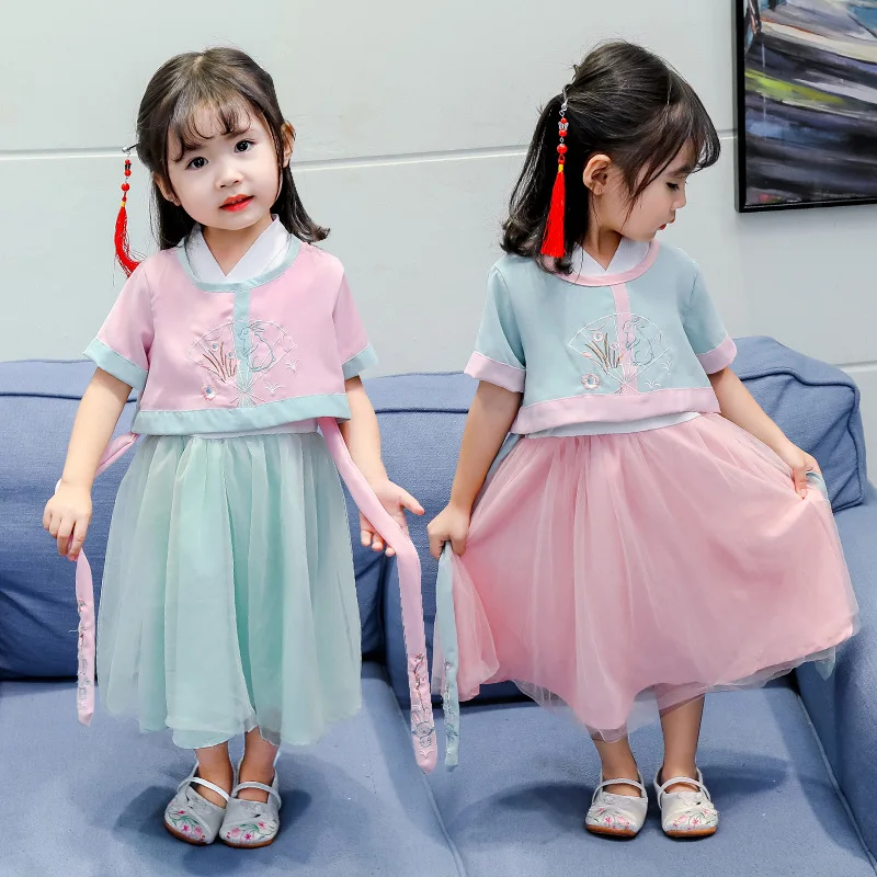 Для девочек Hanfu платье принцессы древнекитайский костюм дети народная Одежда для танцев, сценический костюм Tang платье династии DQS1930