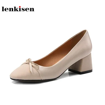 

Lenkisen 2018 cow leather round toe office lady med heels shoes women slip on solid butterfly knot simple style women pumps L6f8