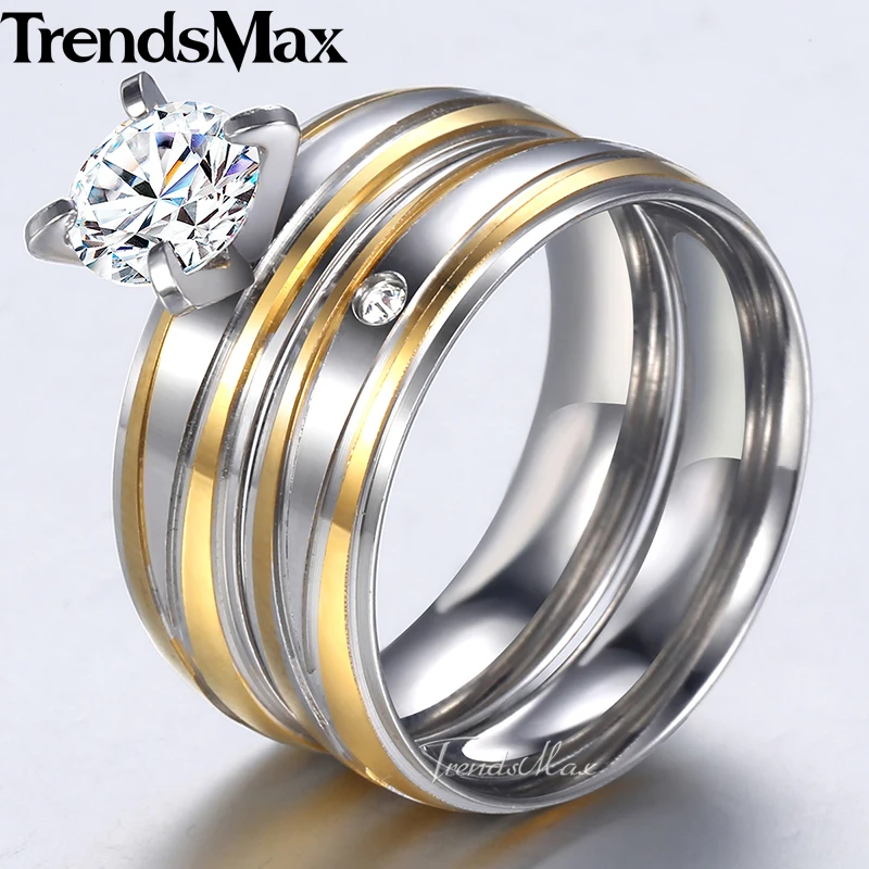 

Trendsmax Mens Womens Wedding Ring Set CZ Stone Irregular Stripes Gold Silver Tone Stainless Steel Engagement Rings KKR141