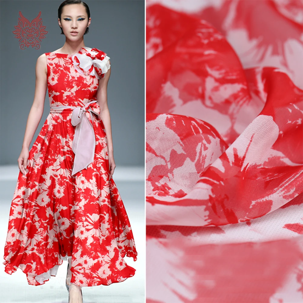 Europe style red white flower print 100% natural silk chiffon fabric apparel for dress pure silk ...
