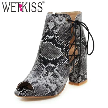 

WETKISS Thick High Heels Ankle Boots Women Peep Toe Zip Footwear Snake Print Boots Female Cross Tied Shoes Woman Spring 2019 New
