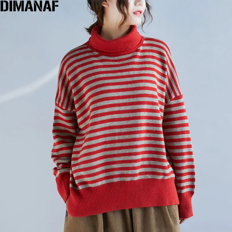 

DIMANAF Plus Size Women Sweater Winter Thick Turtleneck Striped Female Lady Basic Knitting Pullovers Casual Batwing Tops 2018