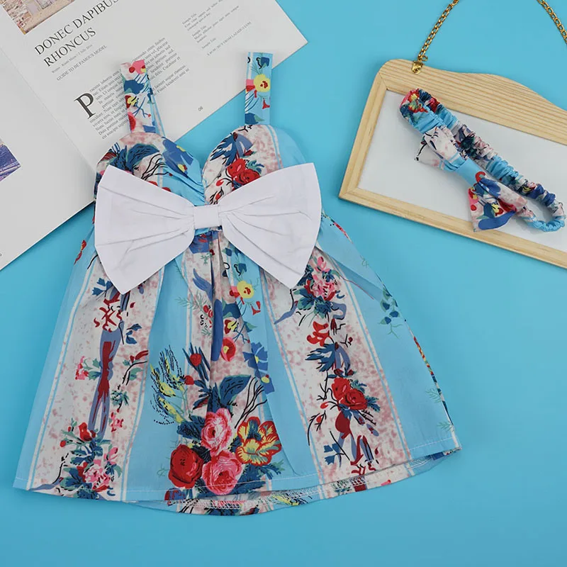 

Baby Girls Dress Sets Kids Floral Butterfly Pattern Dresses Casual Sleeveless Tutu Sundress with Headband