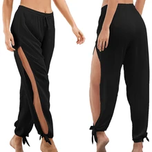 Women Pants Drawstring Elastic Waist Side Split Harem Pants Wide Leg Bow Beach Trousers split side tie waist plaid wide leg pants