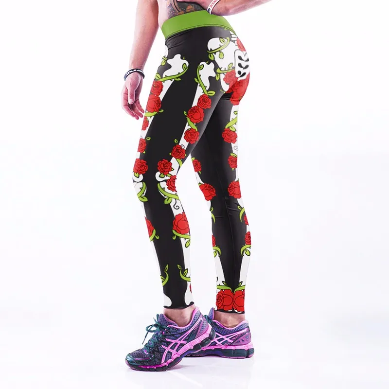 Новый 3D Высокая Талия модные женские туфли цифровой Штаны с рисунком Bone Роза печати сексуальный вентиляции эластичность silmming Бесплатная
