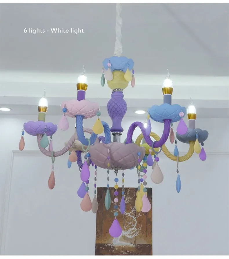 Personality colorful glass for children's room decoration chandelier macaron color crystal LED E14 lighting hanging chain adjust