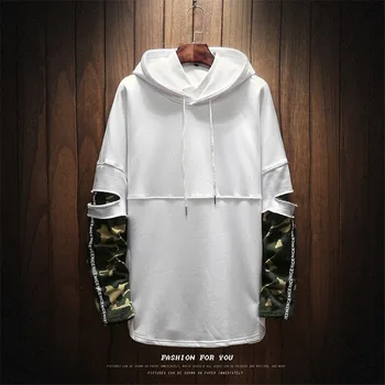 

Autumn Boutique Men Fashion Street Fashion Camouflage Fake Sleeve Stitching Hoodie Men Solid Color Hooded Large Size Mens Hoodie