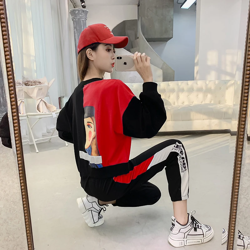 

2019 Spring Autumn Korean Women's 2 Sets Personality Irregular Printing Sweatshirt Harem Pants Sportswear Suit two-piece Set 765