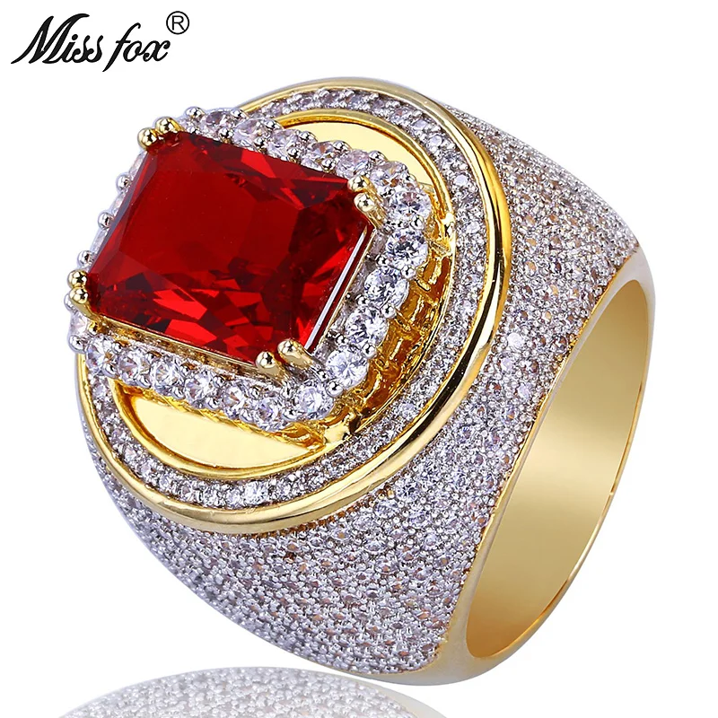 

MISSFOX Hip Hop Big Square Ruby Men'S Ring Square Loop CZ Diamond Decorated 18k Gold Ring Luxury Brand High-End Gift Men Jewelry