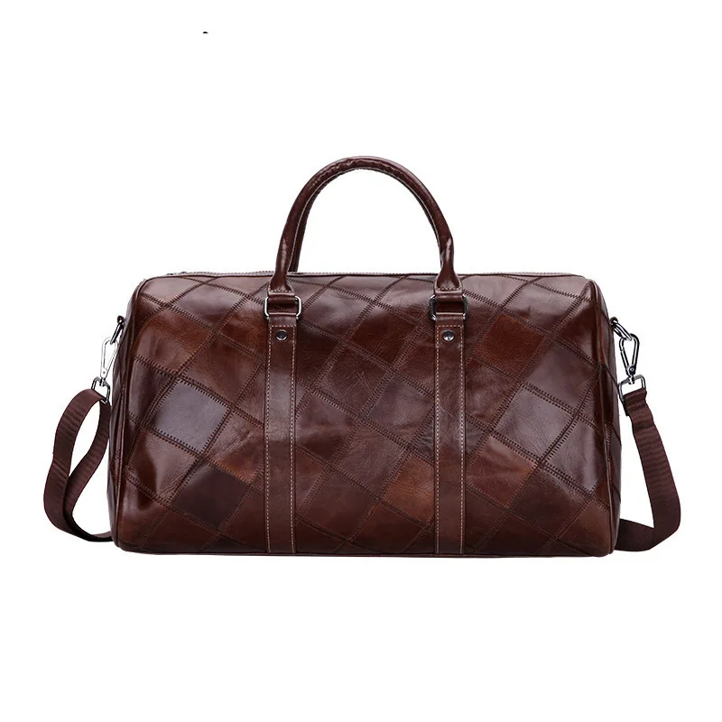 

Men's leather storage, wearable travel bag, first layer leather plaid retro large capacity shoulder bag