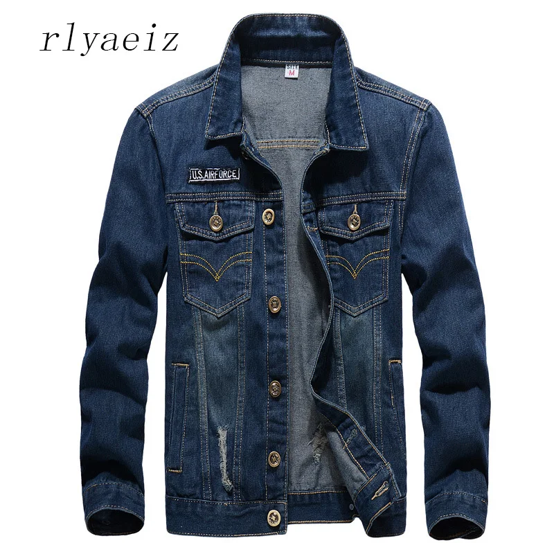 

Rlyaeiz 2018 Spring Autumn Fashion Denim Jackets Men Washed Denim Clothing Single Breasted Jeans Hole Clothes Jackets Coat M-4XL