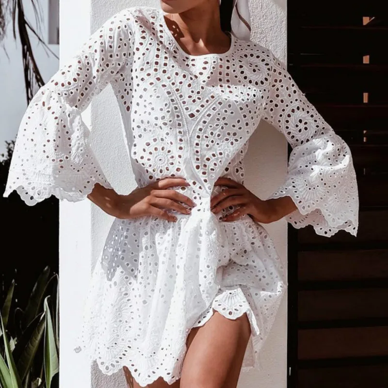 

Ruffles Lace Hollow Out Summer Sundress Kawaii Girls A-Line Mini Dresses Women Casual O-neck Flare Sleeve Dress Plus Size PL200G