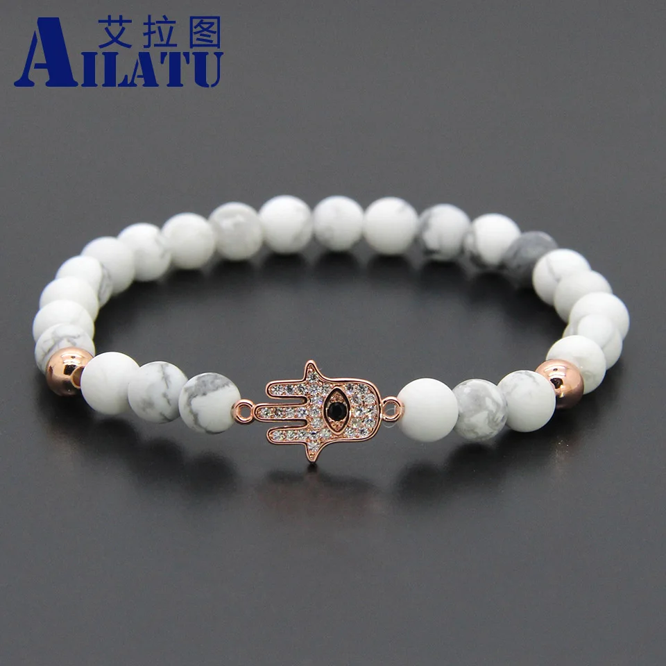 Ailatu 6 мм белые мраморные бусины Howlite с микрозакрепкой фианитами Hamsa браслет
