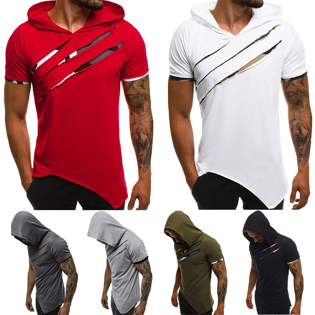 

2019 Men's Summer Casual Patchwork Slim Short Sleeve Hooded T Shirt Top Blouse Summer Man Clothes