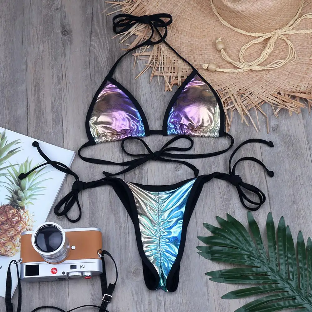 

Melphieer Stamping Gold Bikini Set Crumpled Wrinkle Bottom Brazilian Swimwear Women Gradient Swimsuit Shiny Bathing suit Biquini
