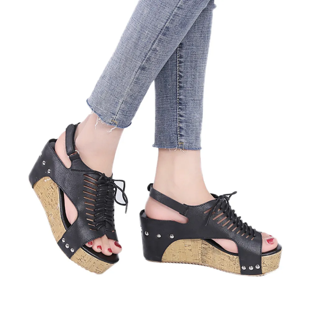 

YOUYEDIAN 2019 black Women Open Toe Breathable Beach Sandals Rome Elastic Band Casual Wedges Shoes ayakkabi sandalet bayan#g35