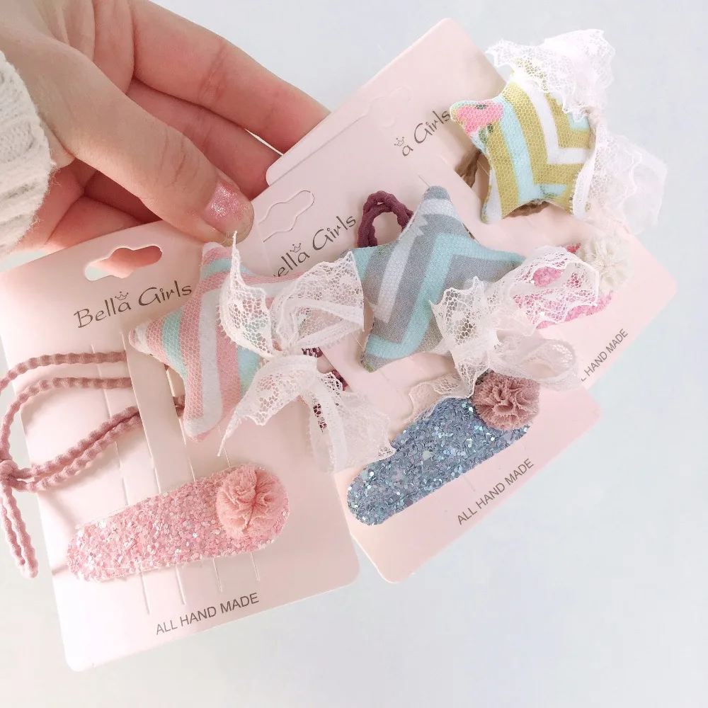 

Korea Handmade Cartoon Striped Star Lace Bowknot BB Hairpins Hair clips Children Girl Kids Head wear Set Accessories-SWKHWS085C5