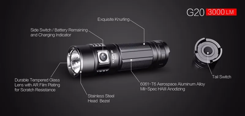 klarus G20 XHP70 N4 светодиодный 3000 люмен флэш-светильник с двойным переключателем мини-Поисковый светильник с 26650 батареей 5000 mAh