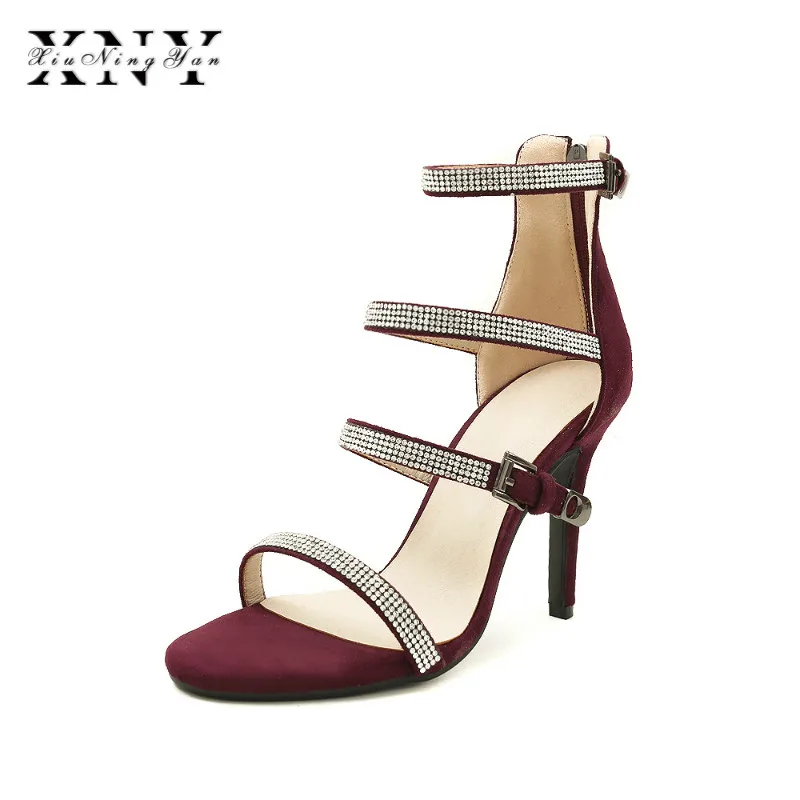 

XIUNINGYAN Women Suede Heels Women High Heels Sandals Solid 10.5 CM Femme Crystal Fashion Pumps Plus Size 33-43 Summer Shoes